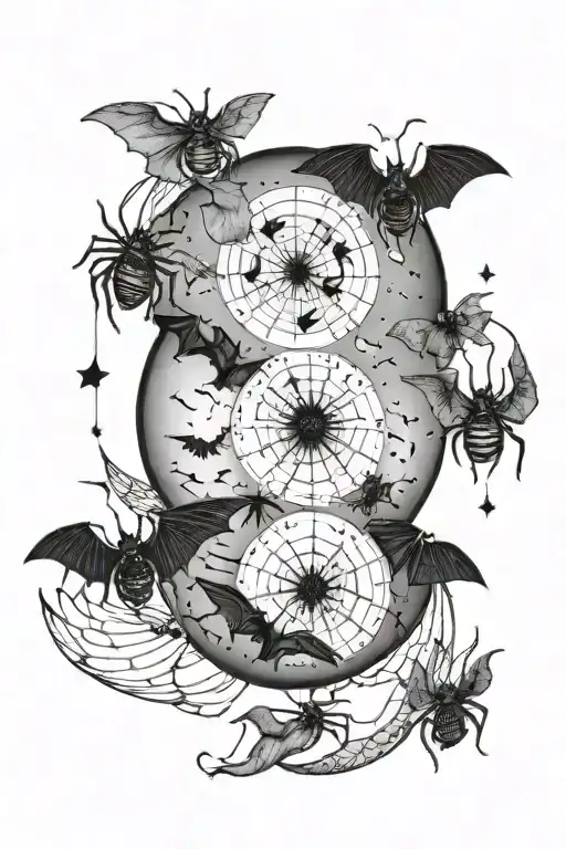 Blackwork Moon Phases With Spiders And Bats Tattoo Idea Blackink Ai