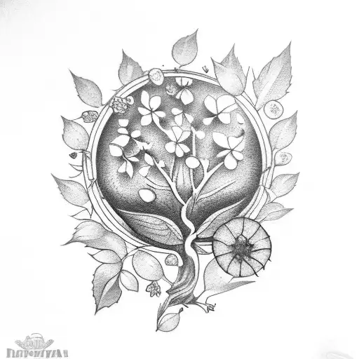 shoulder and sleave tattoo including: Apple tree, ivy, ladybug, lotus, dove with olive branch, strawberries, dandelion,  tattoo design idea