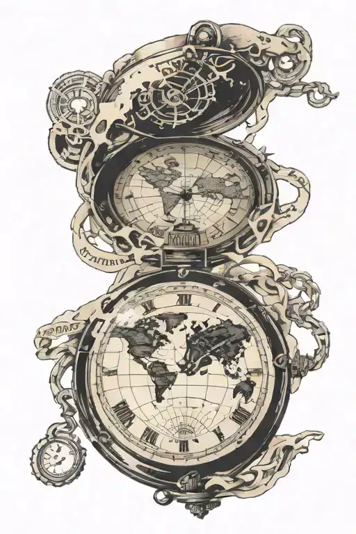 the map of the world inside a pocket watch with the second hand on the 3.  The title "3 Seconds on Earth" is underneath  tattoo design idea