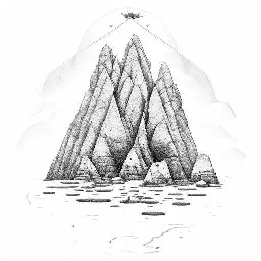 A majestic rock formation with a silhouette of a magician conjuring cards tattoo design idea