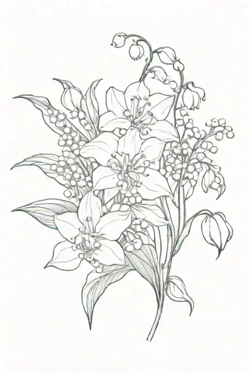 floral design with lily of the valley, cosmo and poppy flower interwoven with vines  tattoo design idea