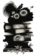 stack of books surrounded by sunflowers growing with a raven and chess pieces tattoo design idea