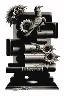 stack of books surrounded by sunflowers growing with a raven and chess pieces tattoo design idea