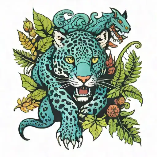 gothic jaguar and dragon with leafs and ferns tattoo design idea