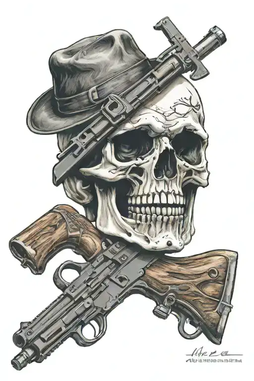 Hooligan Skull with crossbones but instead of crossbones an AK-47 gun and a fist tattoo design idea