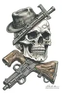 Hooligan Skull with crossbones but instead of crossbones an AK-47 gun and a fist tattoo design idea