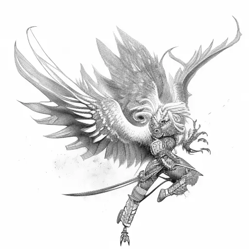 A griffon perched on a witcher's shoulder, both ready for battle tattoo design idea