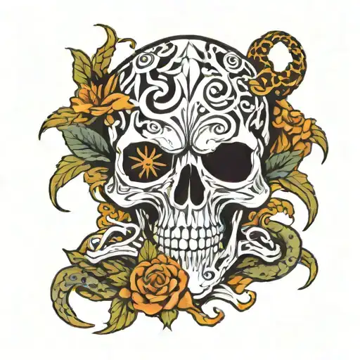 skull and serpents weaving tattoo design idea
