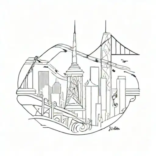 An abstract design incorporating musical notes and city landmarks from La La Land tattoo design idea