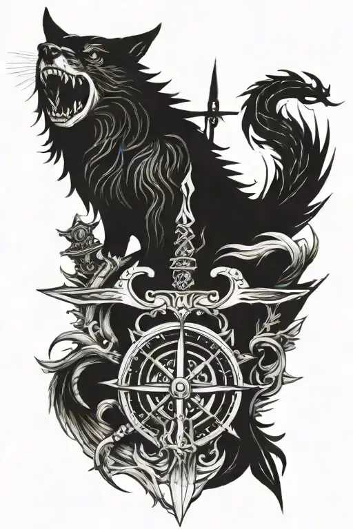 , sword, skull, compass, wolf, dragon, cross made tattoo design idea