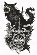 , sword, skull, compass, wolf, dragon, cross made tattoo design idea
