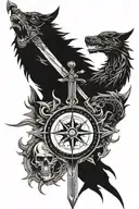 , sword, skull, compass, wolf, dragon, cross made tattoo design idea