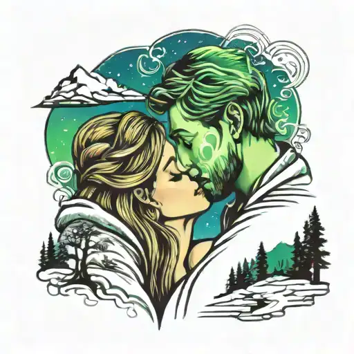 couple kissing under northern lights  tattoo design idea