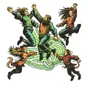 four people leaping through northern lights tattoo design idea