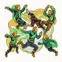 four people leaping through northern lights tattoo design idea