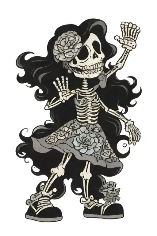 skeleton wearing a floral summer dress, she has long wavy curly hair, black hair, a big happy joyful smile, she is surro tattoo design idea