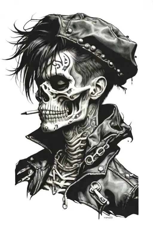 skeleton wearing a leather jacket, a lip piercing on the left side, straight shaggy gelled air, tattoos, bad boy vibes,  tattoo design idea