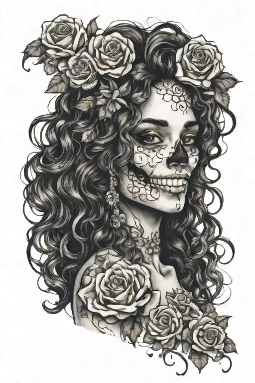 skeleton wearing a floral summer dress, she has long wavy curly hair, black hair, a big smile, roses tattoo design idea