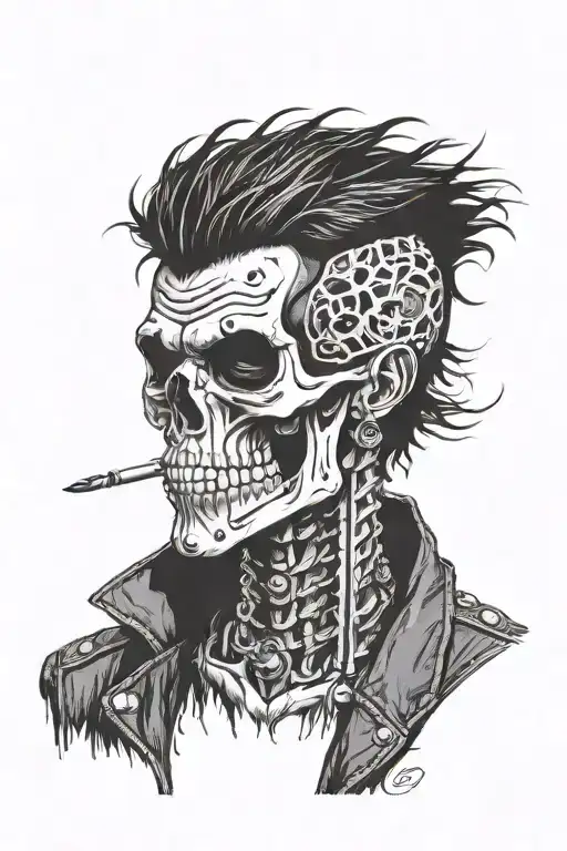 skeleton wearing a leather jacket, a lip piercing on the left side, straight shaggy gelled air, tattoos, bad boy vibes,  tattoo design idea