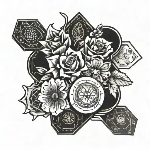 A blackwork tattoo design featuring a beautiful bouquet of flowers intertwined with casino chips and cards tattoo design idea