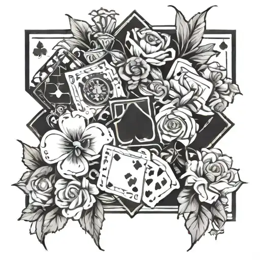 A blackwork tattoo design featuring a beautiful bouquet of flowers intertwined with casino chips and cards tattoo design idea