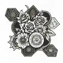 A blackwork tattoo design featuring a beautiful bouquet of flowers intertwined with casino chips and cards tattoo design idea