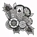 A blackwork tattoo design featuring a beautiful bouquet of flowers intertwined with casino chips and cards tattoo design idea