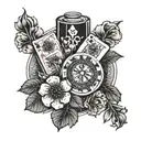 A blackwork tattoo design featuring a beautiful bouquet of flowers intertwined with casino chips and cards tattoo design idea