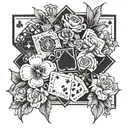A blackwork tattoo design featuring a beautiful bouquet of flowers intertwined with casino chips and cards tattoo design idea