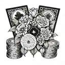 A blackwork tattoo design featuring a beautiful bouquet of flowers intertwined with casino chips and cards tattoo design idea