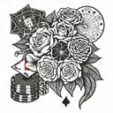 A blackwork tattoo design featuring a beautiful bouquet of flowers intertwined with casino chips and cards tattoo design idea