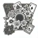 A blackwork tattoo design featuring a beautiful bouquet of flowers intertwined with casino chips and cards tattoo design idea