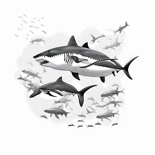 coral reef with great white shark, turtle, orca and hammerhead shark tattoo design idea