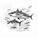 coral reef with great white shark, turtle, orca and hammerhead shark tattoo design idea