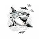 coral reef with great white shark, turtle, orca and hammerhead shark tattoo design idea