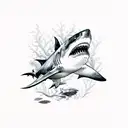 coral reef with great white shark, turtle, orca and hammerhead shark tattoo design idea
