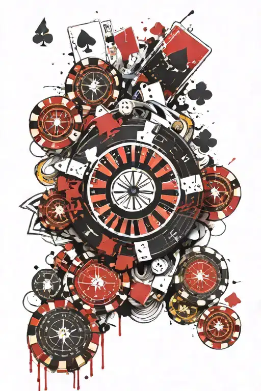 poker chips and roulette wheel made tattoo design idea