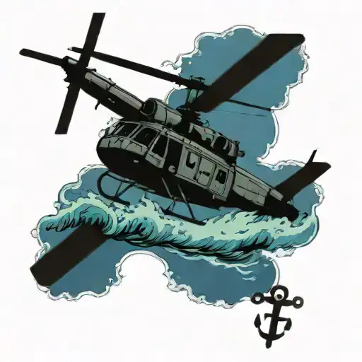 a Navy Helicopter hovering over rough seas and holding a fouled anchor  tattoo design idea