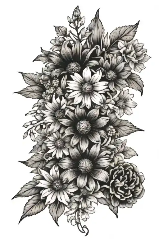 Marigolds, daisies, sweet peas, delphiniums, cosmos, edelweiss bouquet tattoo design idea