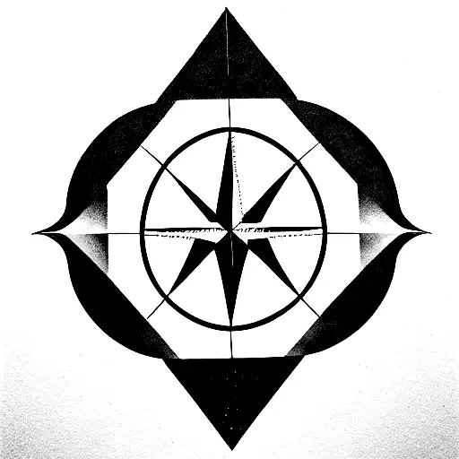 wind rose black and white with precise geometric forms inspired in cosmic and space elements with a cardinal symbol N  tattoo design idea
