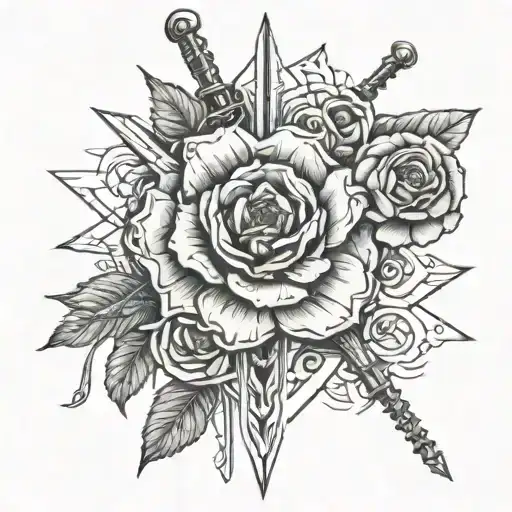 sword and wild rose tattoo design idea