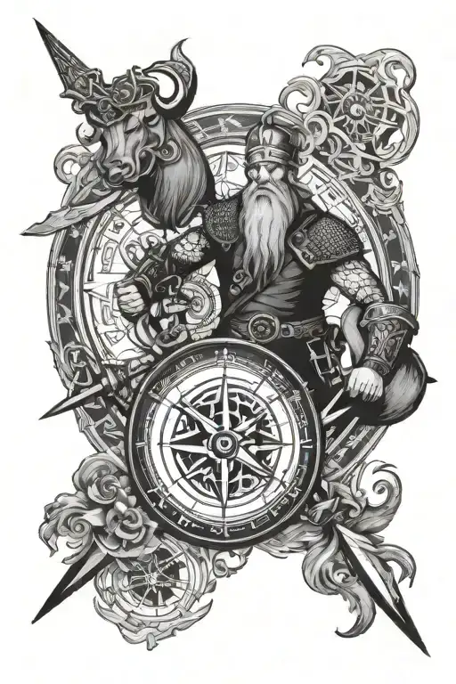 Viking compass and traditional Viking warrior wielding tattoo design idea