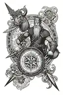 Viking compass and traditional Viking warrior wielding tattoo design idea