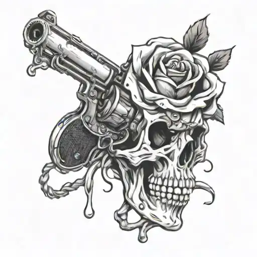 skull that is melting into a revolver intertwined with roses tattoo design idea