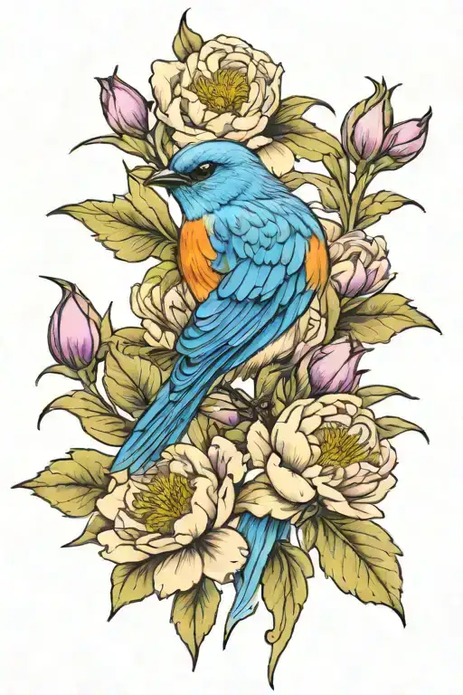 bluebird with purple peony flowers tattoo design idea