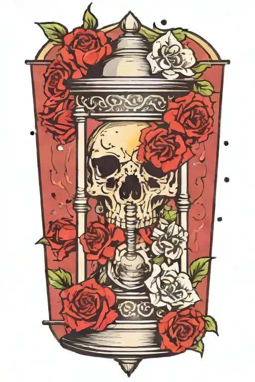 hourglass surrounded by flowers is almost empty with a skull in the bottom. rain drops drip from the bottom tattoo design idea