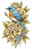 bluebird with purple peony flowers tattoo design idea