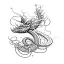the sea serpent leviathan with rose petals floating around it tattoo design idea