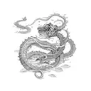 the sea serpent leviathan with rose petals floating around it tattoo design idea