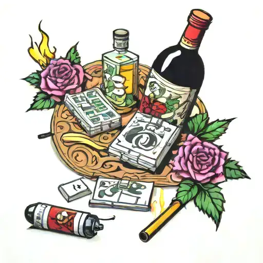 Wine bottles, cigarettes, mahjong tiles, candles tattoo design idea
